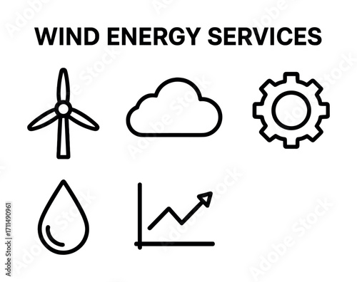 Wind energy services icons: turbine, cloud, gear, water drop, growth chart