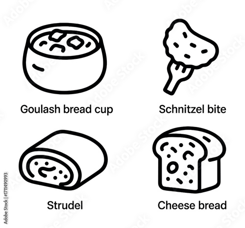Icon set of goulash in bread, schnitzel, strudel, and cheese bread