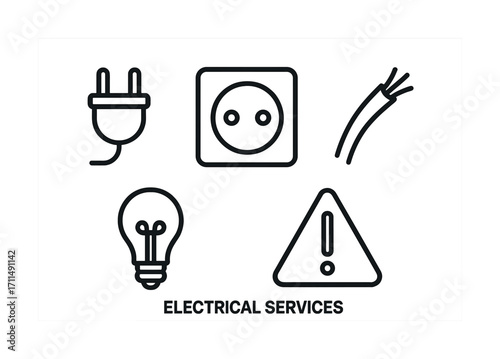 Electrical services icon set: plug, socket, wire, light bulb, warning sign