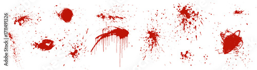 Blood splatter vector. Red stain texture. Drip splash background. Scary droplet smear. Horror spray shapes. Grunge spot stamps. Abstract isolated blot splash marks. Vampire ink spray pattern bg