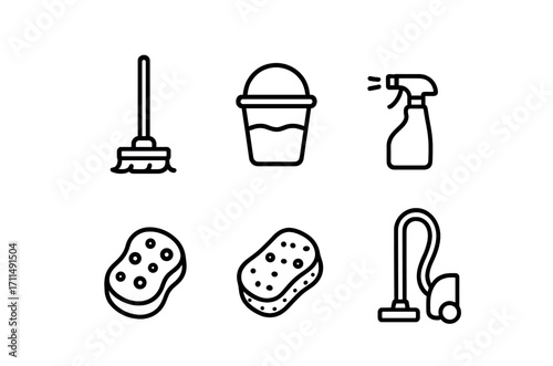 Cleaning tools icons: mop, bucket, spray, sponge, vacuum for housekeeping