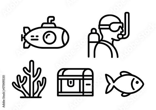 Underwater exploration icons: submarine, diver, coral, treasure chest, fish