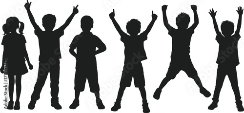 Happy children silhouettes playing, kids jumping and raising hands, childhood fun, group of boys and girls, joyful outdoor activity, friendship
