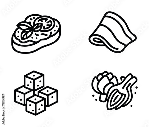 Outline icons of sandwich, bacon, sugar cubes, and artichoke