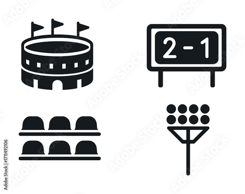 Black and white sports icons: stadium, scoreboard, seats, floodlights