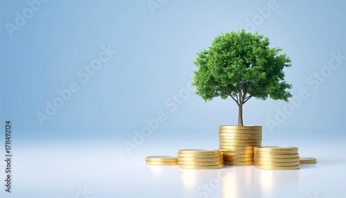 資産の成長。積み重ねられたコインの山から育つ緑の木。金融、投資、経済、成功、持続可能な発展のコンセプ
