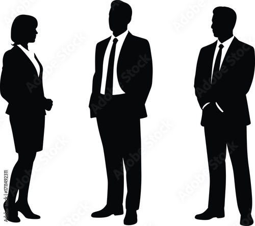 Silhouette of business professionals standing together, teamwork concept, corporate group discussion, formal attire, business collaboration, leadership illustration, professional meeting, office 