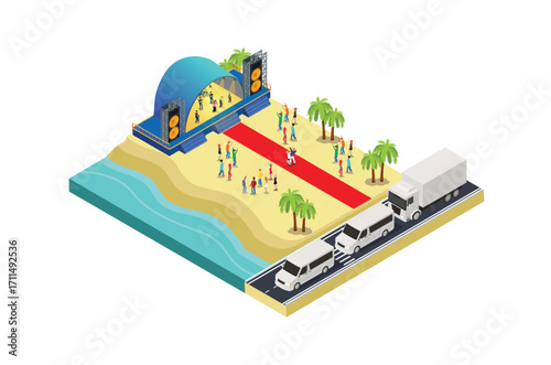 Illustration of a music event festival on a beach with blue sea, highway and parked vehicles in a row, 3d concept of isometric view of concert party background and stage landscape.
