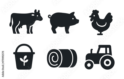 Farm animal icons set featuring cow, pig, chicken, bucket, hay, and tractor
