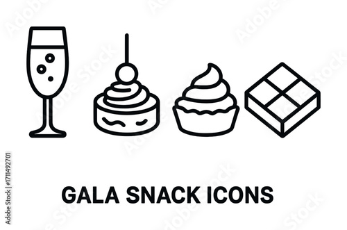 Gala snack icons: champagne, pastry, cupcake, chocolate