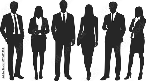 Silhouette of diverse business professionals standing confidently, corporate teamwork, office collaboration, leadership illustration, professional attire, company staff, workplace communication