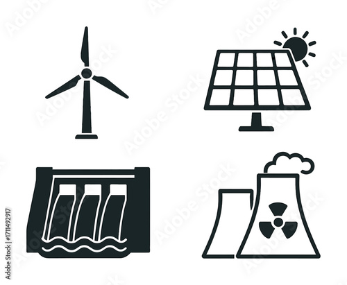 Renewable and nonrenewable energy sources: wind, solar, hydroelectric, nuclear icons