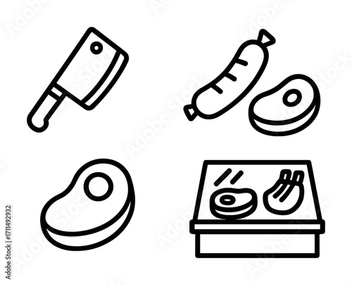 Butcher icons: meat cleaver, sausage, steak, display counter
