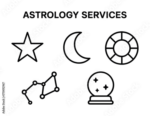 Astrology services icon set: star, moon, horoscope wheel, constellation, crystal ball