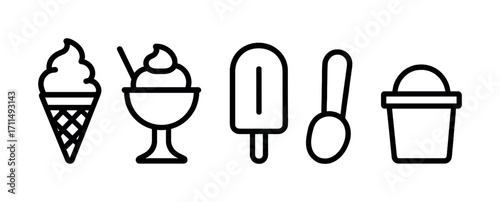 Black and white ice cream icons: cone, sundae, popsicle, spoon, and tub