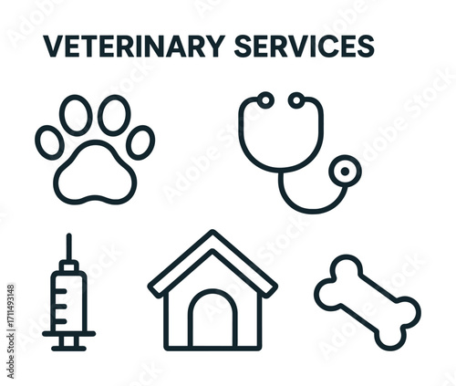 Veterinary services icons: paw print, stethoscope, syringe, dog house, bone