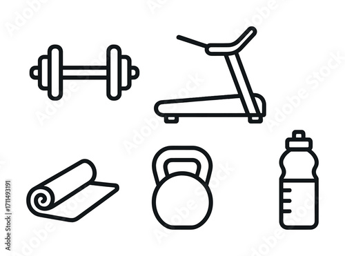Fitness equipment icons: dumbbell, treadmill, kettlebell, yoga mat, water bottle