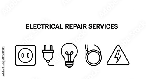 Electrical repair services icons: plug, socket, bulb, wire, hazard sign