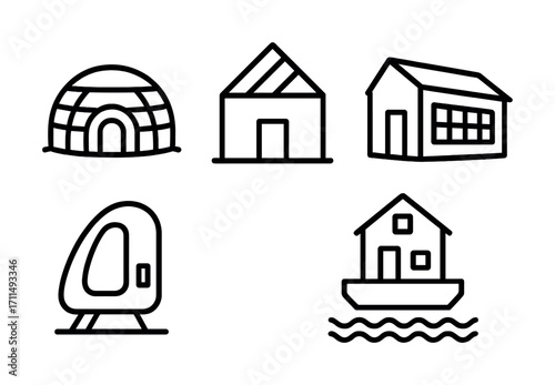 Variety of home structures: igloo to floating house line illustrations