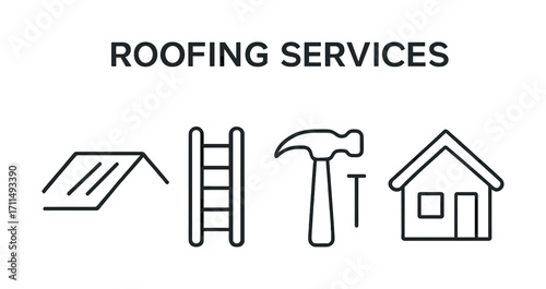 Roofing services icons: ladder, hammer, house, roof outline