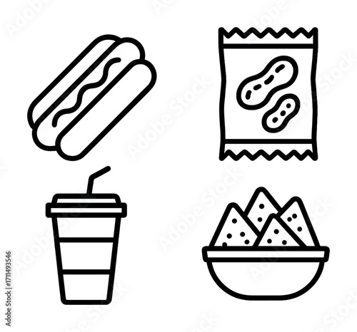 Fast food icons: hot dog, snacks, drink, nachos