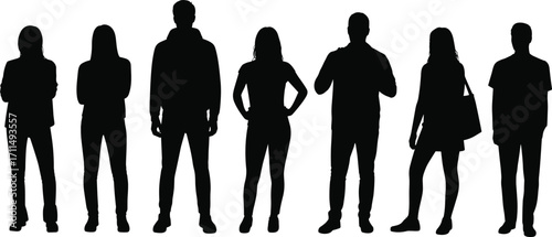 Silhouettes of diverse people standing, casual clothing, group of men and women, teamwork, fashion, business, lifestyle, community, urban society.