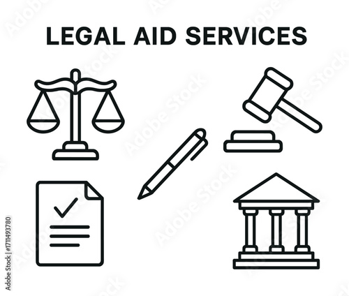Legal aid services icons: scale, gavel, document, pen, courthouse