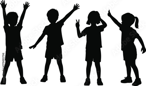 Silhouettes of happy children, playful kids posing, active boys and girls, childhood fun, black outline figures, joyful child illustration art
