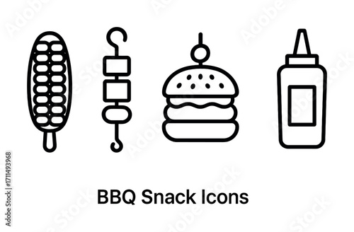 Bbq snack icons: corn, skewer, burger, sauce bottle outlines