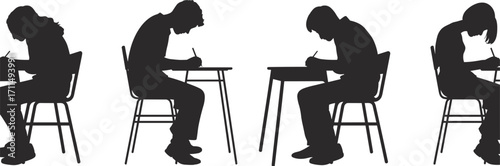 Silhouettes of students writing in exam, classroom learning, focused education concept, school kids sitting at desk, study illustration art