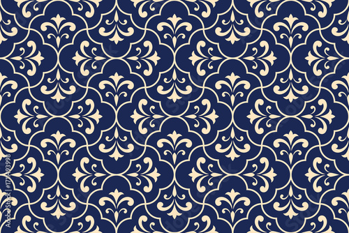 Flower geometric pattern. Seamless vector background. Golden and dark blue ornament