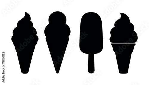 Silhouette of ice cream cones and popsicle on white background