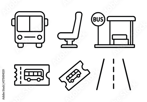 Bus transportation elements: icons of bus, seat, ticket, road, and bus stop sign