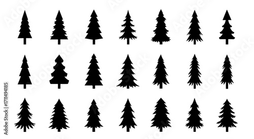 A set of assorted evergreen tree silhouettes, perfect for holiday themed designs, winter projects, and nature-inspired graphics. Great for creating festive vibes.