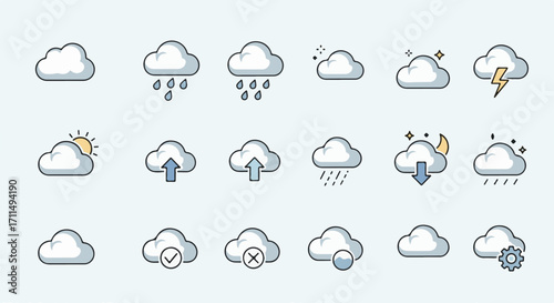 Modern vector weather icons for apps, forecast, cloud computing, and data storage. Sleek symbols for interface design and user experience.