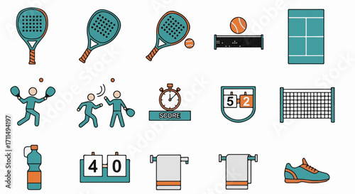 Engaging padel tennis elements showcase a sporty, active lifestyle. Use for fitness, recreation, and competitive athletics, capturing the fun and excitement.