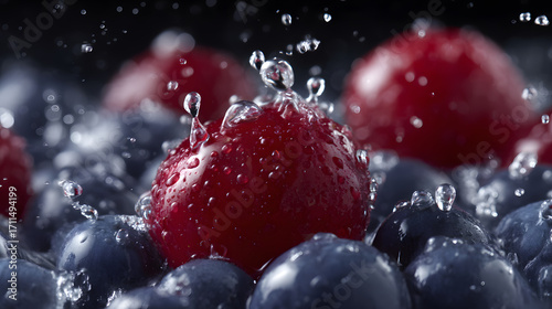 Berry Burst: A close-up shot captures the vibrant colors and refreshing essence of ripe, fresh berries. Water droplets dance around the berries. 