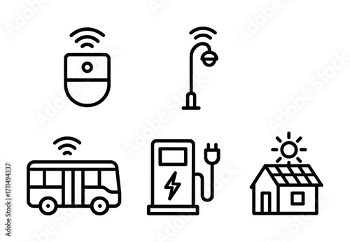 Smart city technology icons: surveillance, solar energy, electric charging, public transportation