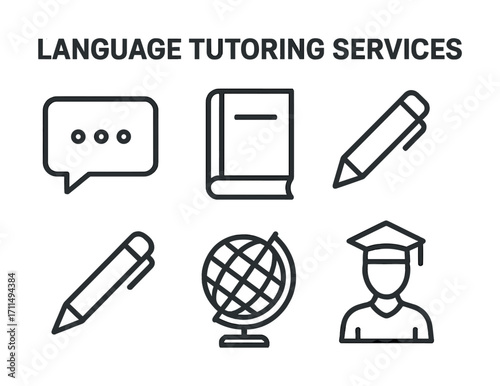 Language tutoring services icons: speech bubble, book, pens, globe, graduate cap