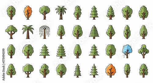 Versatile tree collection ideal for illustrating nature concepts, landscaping designs, environmental projects, and educational materials. Perfect for adding natural elements.