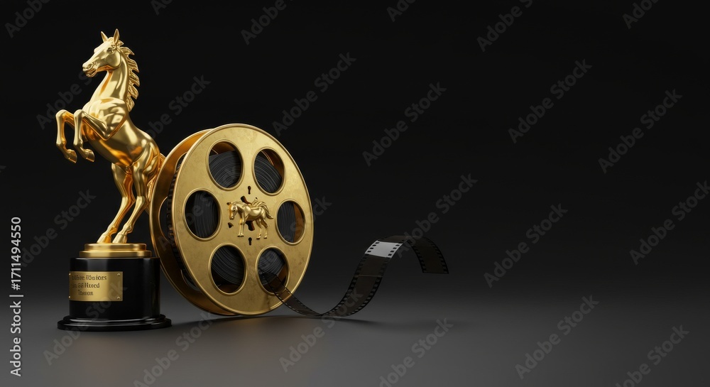 Obraz premium Golden Horse Reel, Film reel unspooled beside golden horse trophy, dramatic light beams casting reflections