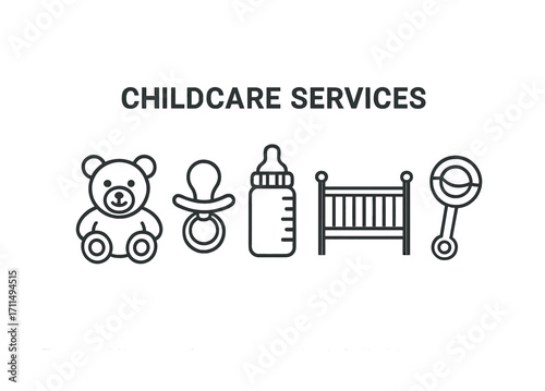 Childcare services icon set with teddy bear, pacifier, bottle, crib, and rattle