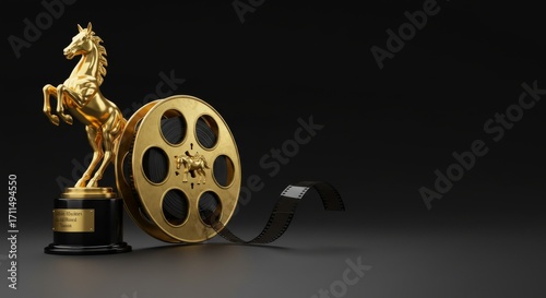 Golden Horse Reel, Film reel unspooled beside golden horse trophy, dramatic light beams casting reflections