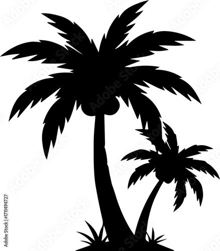 Silhouetted palm trees with coconuts evoke tropical paradise dreams for vacation planning and design projects.