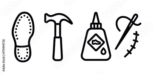 Footwear repair tools: sole, hammer, glue, needle for shoe fixing