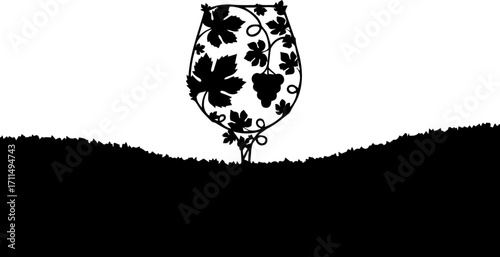 Elegant wine glass silhouette adorned with swirling grapevines and leaves, perfect for vineyard promotions
