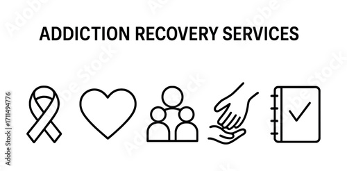 Addiction recovery services icons: support, community, healing, guidance