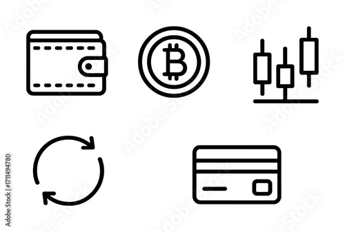 Bitcoin wallet, credit card, and stock exchange icons in minimalist style