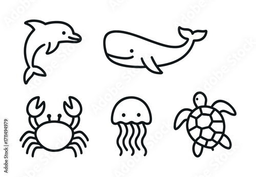 Simple black outline illustrations of sea animals