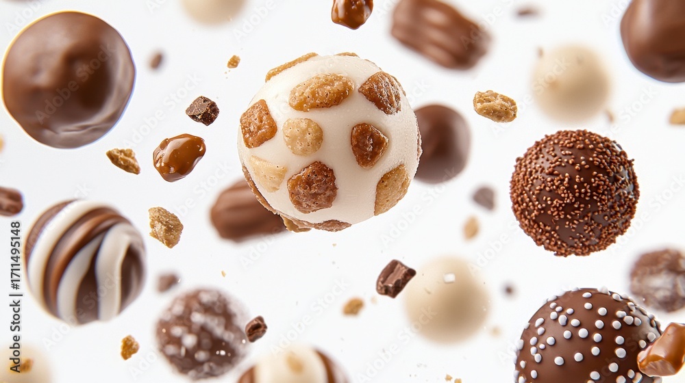 Fototapeta premium Floating Chocolate Spheres and Cereal Pieces on White Background